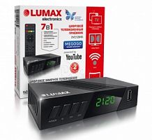 Ресивер  эфирный HD (DVB-T2)        LUMAX DV2120HD  пласт, дисплей, 4 кнопки, бп 5 В, поддержка АС3,